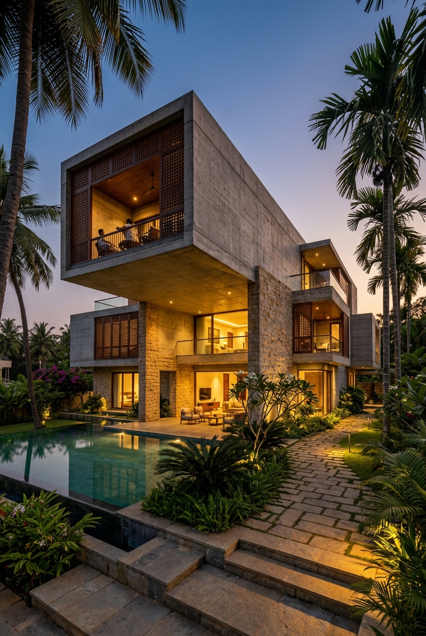 Exterior concrete finish on modern Indian villa